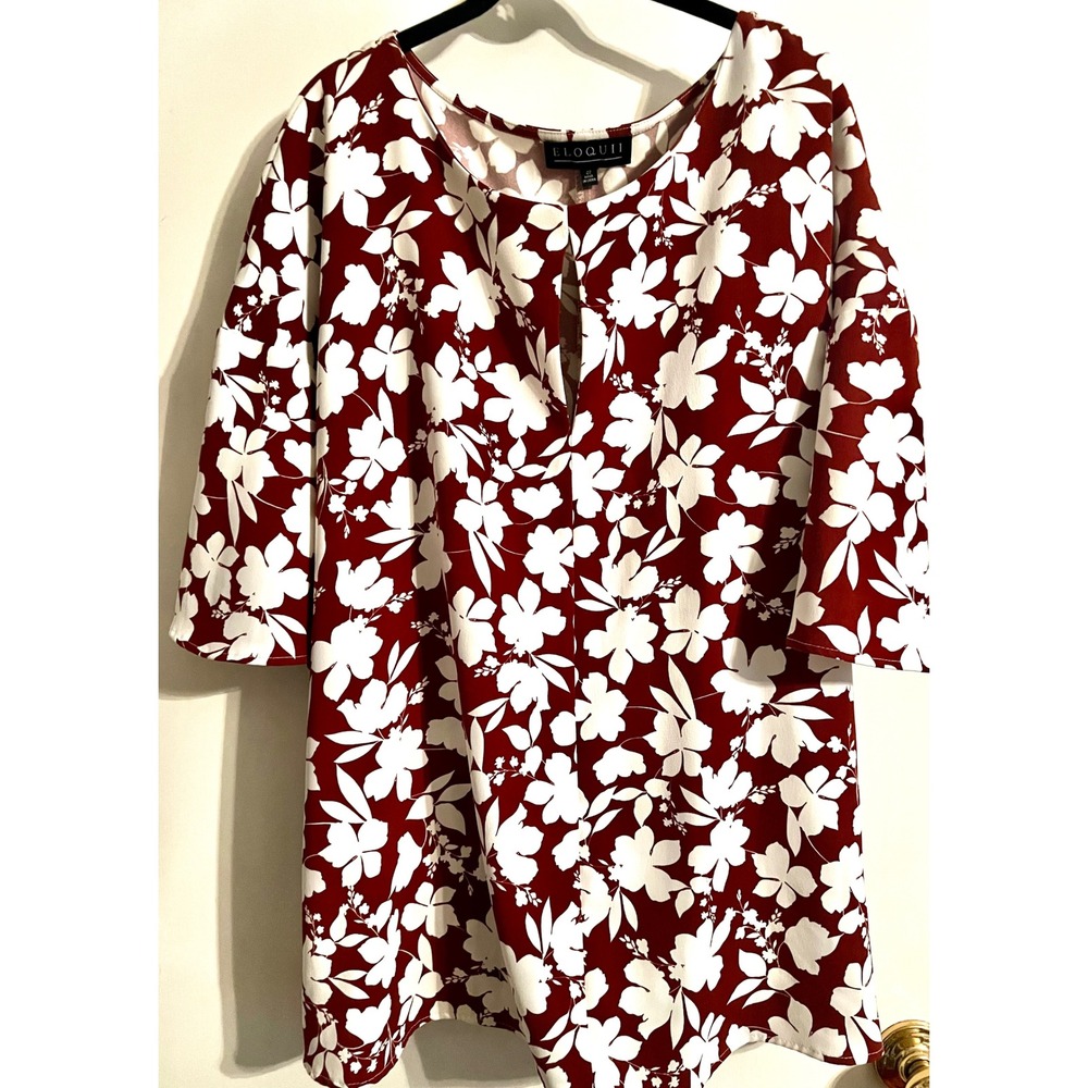 Eloquii Size 22 Burgundy Cream Floral Tie Front Blouse Plus Size Bell Sleeve
